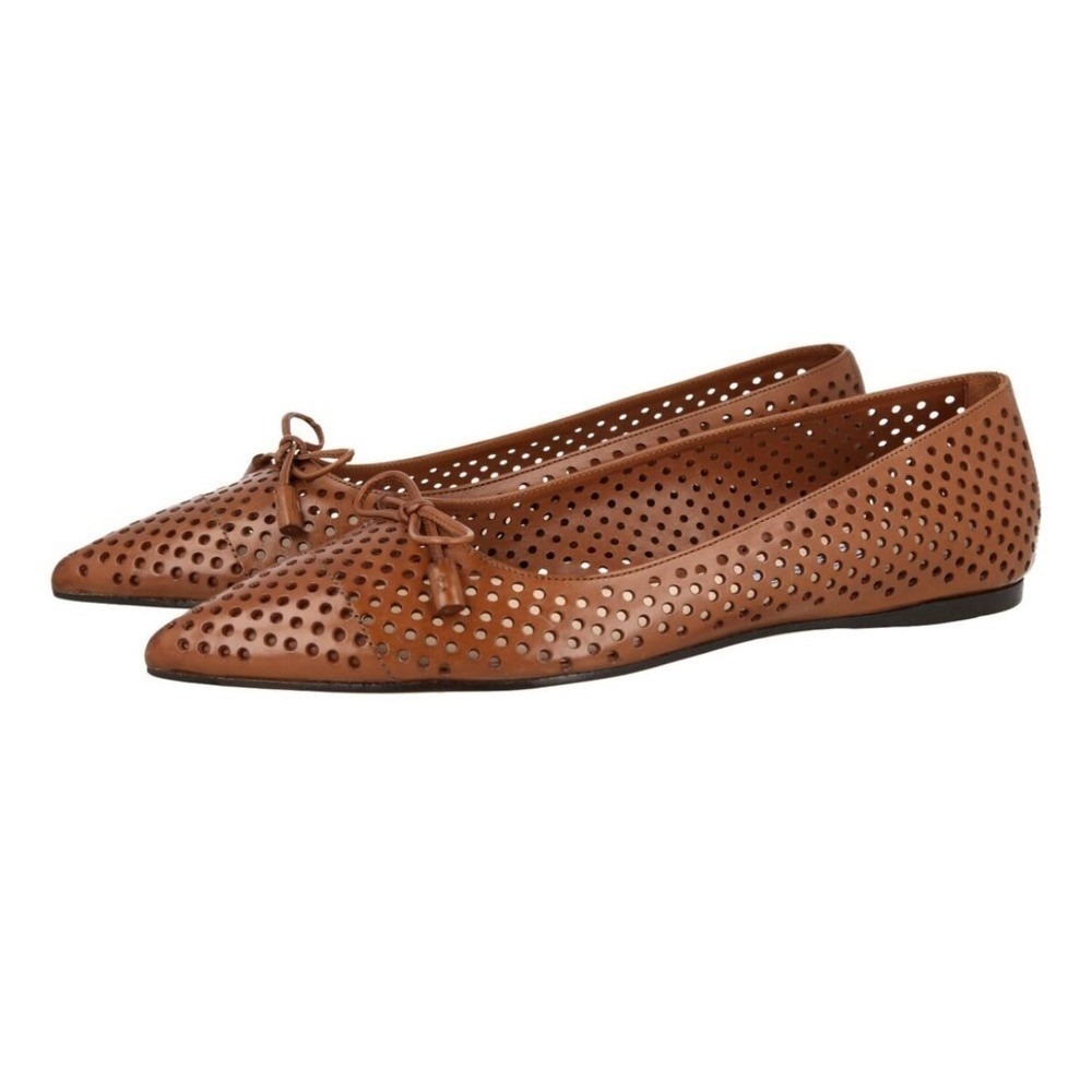 Prada Perforated Leather Ballet Flats Women 8.5 Tan Brown Good Pointed Toe EU 40